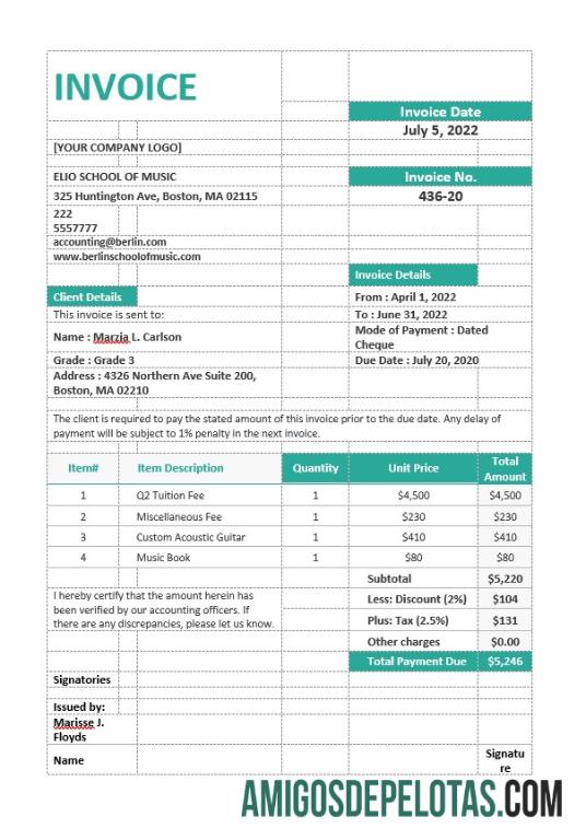 imprimível Modelo de fatura de escola de música